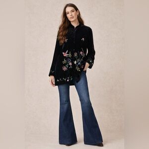 Vintage Velvet Dark Floral Embroidered Tunic Top Bohemian Whimsical Large